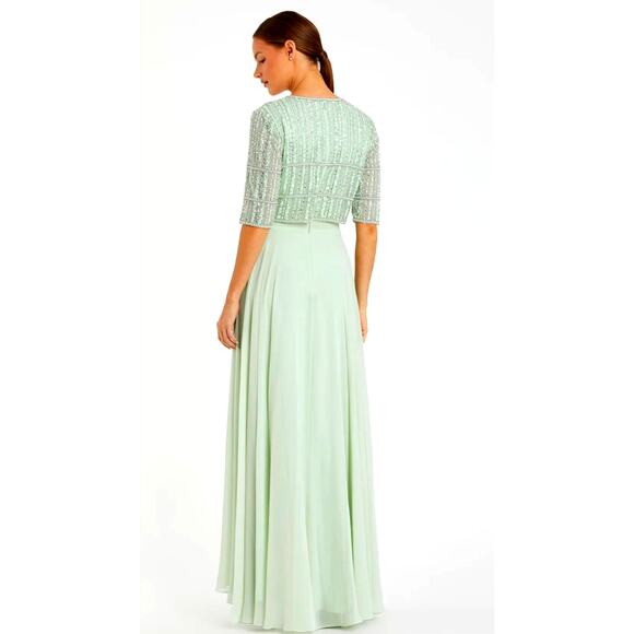 Mac Duggal  Green Chiffon Gown w/ Fully Beaded 3/4 Sleeves Size 16 - Picture 6 of 16